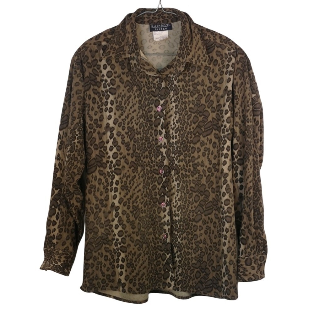Vintage Rainbow Bridge Green leopard print long sleeve button up